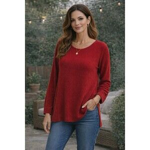 J. Jill Wearever Vibrant Red Ribbed Chenille Long Sleeve Tunic Sweater Sz L